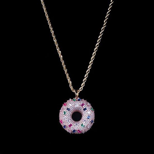 Banhado A ouro 14 K Hip Hop Colorido Pingente de Alimentos Donuts Colar De Pingente de Rosca Micro Pave Cubic Zirconia Diamantes com cadeia de Corda de 24 polegadas