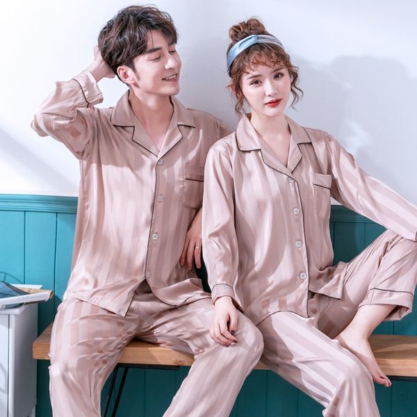 

spring new lovers turn down home clothing sleep set long sleeve striped 2pcs sleepwear nightwear shirt&pant pajamas pyjamas suit, Blue;gray