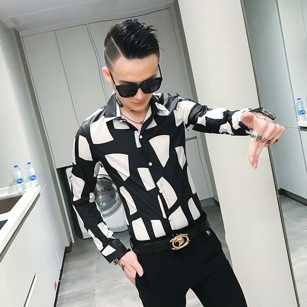 

chemise homme brand new men shirts long sleeve personality print slim fit dress shirt men casual night club social tuxedo male, White;black