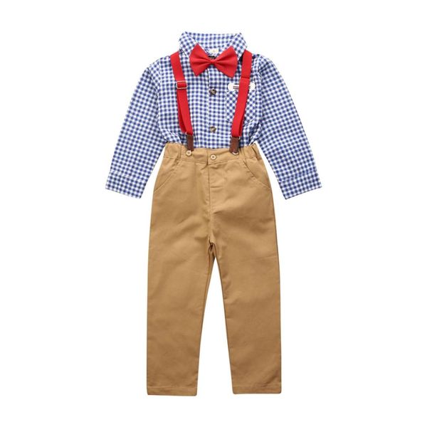 

emmababy 3pcs toddler baby boys outfit bow+plaid +pants kids gentleman clothes set, White