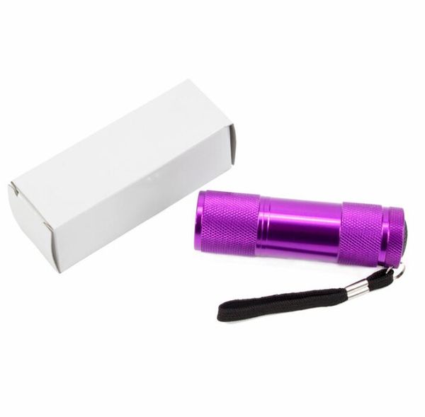 Heiße 9 LED UV-LED-Taschenlampe 395 nm violetter Mini-Schlüsselanhänger lila Schwarzlicht-Taschenlampe Schwarzlicht tragbare Taschenlampen aus Aluminiumlegierung mit Box