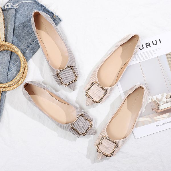 

2020 spring ballet flats shoes woman corduroy pointed toe soft casual solid metal buckles slip ons loafers flat design shoes new, Black