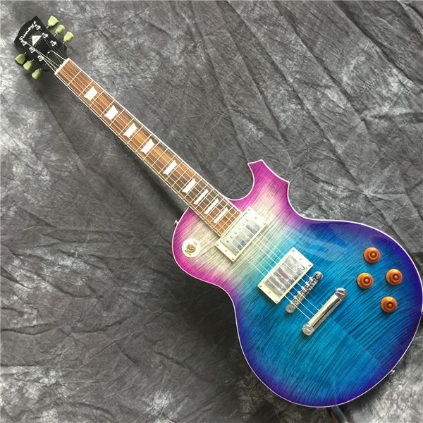 

lp electric guitar, solid mahogany body with blue flame maple chrome plated hardware, delivery