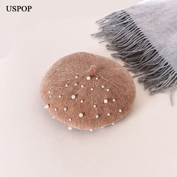 

uspop 2020 women winter warm hats female fashion pearl berets women solid color chenille beret painter cap, Blue;gray