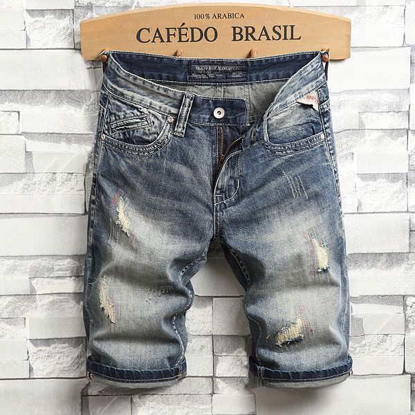 

summer fashion men jeans shorts retro wash embroidery patchwork ripped jeans men denim shorts italian style hip hop short, Blue