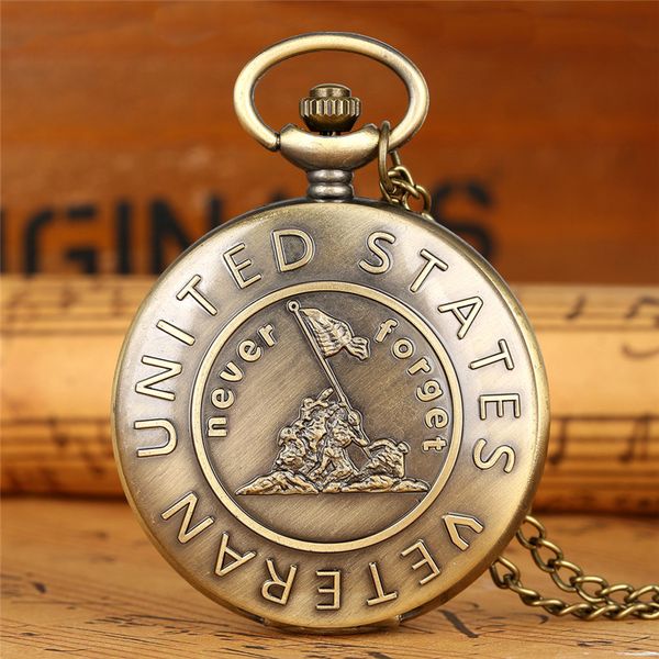 

bronze remember the history united states veteran pocket watch men women quartz analog watches with necklace chain full hunter arabic number, Slivery;golden