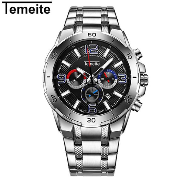 

temeite new watches men quartz sport watch stainless steel waterproof men's wristwatch chronograph clock relogio, Slivery;brown