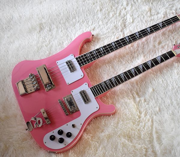 

factory custom double neck pink electric bass and guitar with 4+6 strings,white pickguard,can be customized