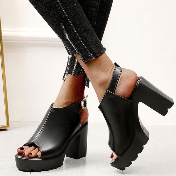 

2020 for women's sandal summer fahion platform casual peep toe thick heels buckles sandals elegant shoes#, Black