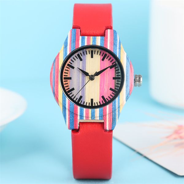 

red leather wood watch lady creative colorful round wooden women's watches casual female wrist timepiece reloj, Slivery;brown