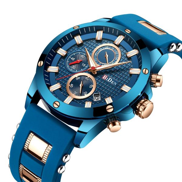 

biden casual mens wrist watches 2019 fashion blue silicone man clocks calendar waterproof brand stylish relogio masculino, Slivery;brown