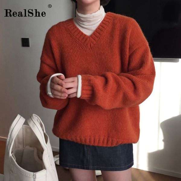 

realshe cashmere sweater women 2019 v-neck long sleeve solid loose fall sweaters for women spring winter casual elegant sweater woman, White;black