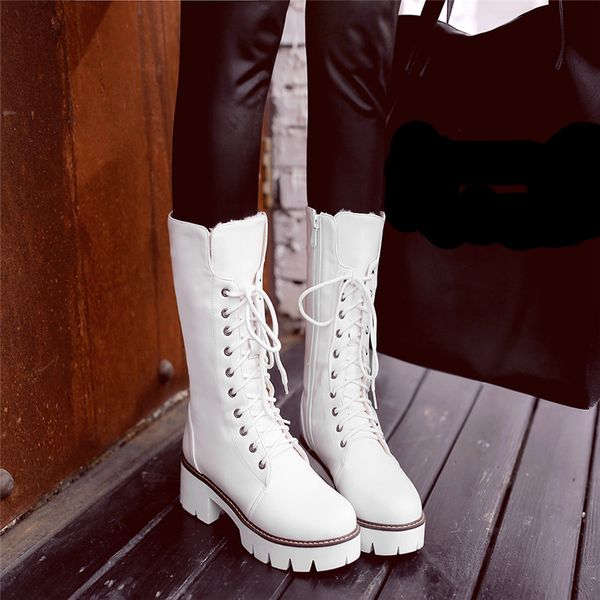 

ymechic block heel punk motorcycle winter boots women white black platform gothic lace up zipper mid calf combat boot shoes 2018