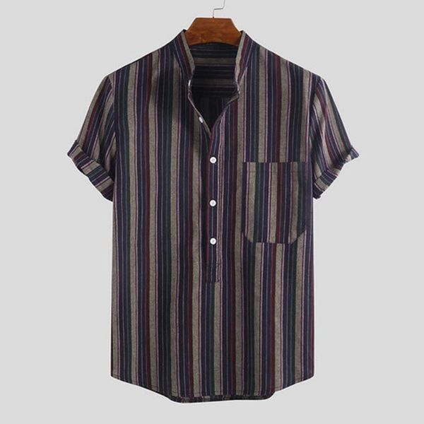 

men's summer striped cotton cardigan fly buttons breathable short shirt korean harajuku men short sleeves hip hop streetwear casual loo, White;black