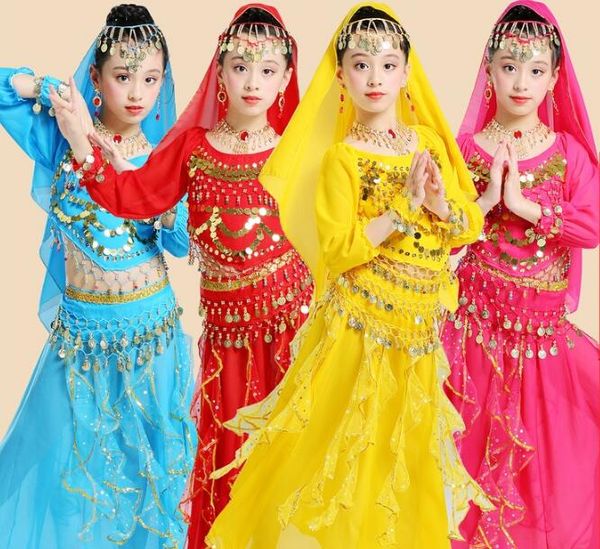 

children new stage performance dance costume india dance girl bellydance long sleevs set, Black;red