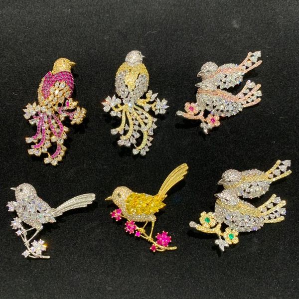 

copper with cubic zircon birds brooch pin pink yellow multi color single double birds fashion women & men jewelry ing, Gray