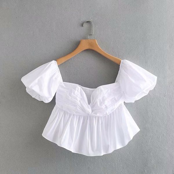 

cs606 women square neck pleated short white blouse summer beach shirts back elastic