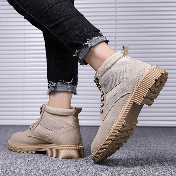 

casual ankle boots men's outdoor matte leather england style suede low-heel man's lace-up high-slip short shoes botas hombre, Black