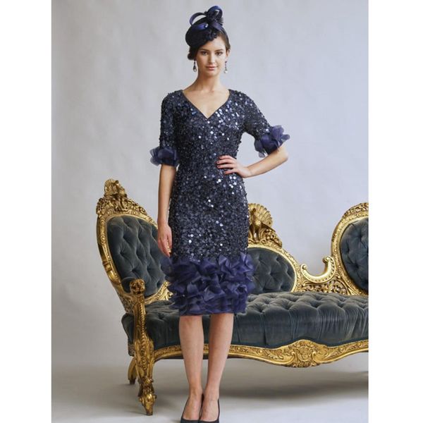 

mother of the bridal dresses v neck ruffles sequins tulle sheath prom dress knee length mothers dresses, Black;red