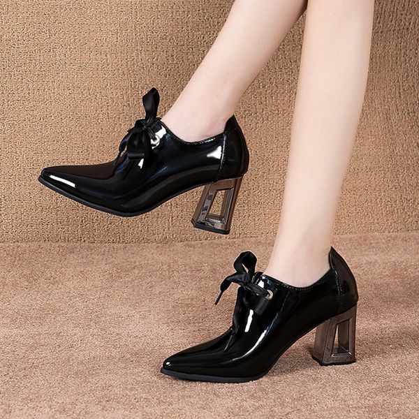 

2020 spring women shoes pointed toe lace up high heels pointed toe dres shoes patent leather bare boots black botas mujer 7969n y200702