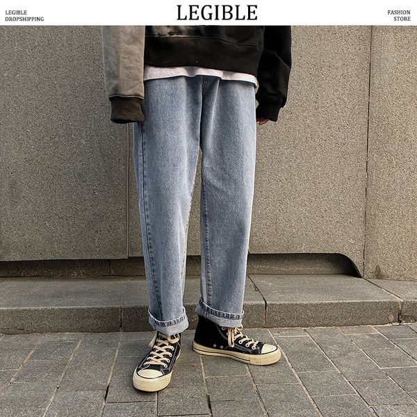 

legible spring autumn solid jeans mens casual denim pants loose fit trousers new brand straight zipper pants men, Blue