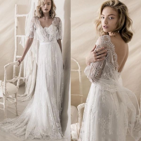 

romantic bohemian a line strapless neckline wedding dresses lihi hod 2020 new full lace embellishment bridal gowns, White