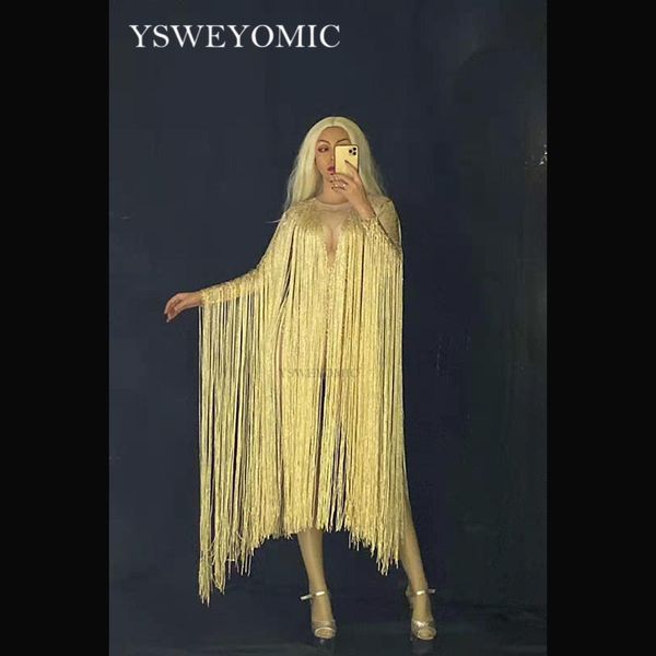 

2019 gold long fringes bodysuit costume evening party long sleeve tassels leotard birthday celebrate stretch dance dress, Black;red