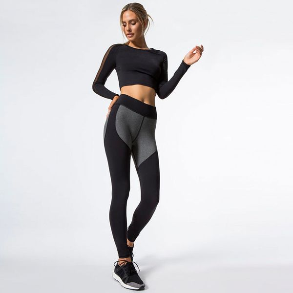 

yoga outfits jigerjoger 2021 long sleeve mesh side patches tank hip grey heart leggings suit power fitness activewear sportswear set, White;red