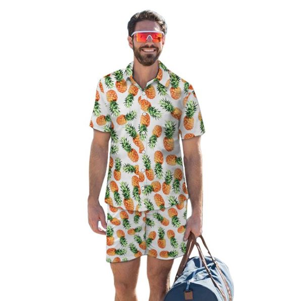 

summer two-piece suit plus intranet men's beach pants pineapple floral print loose casual straight shirt men, Gray