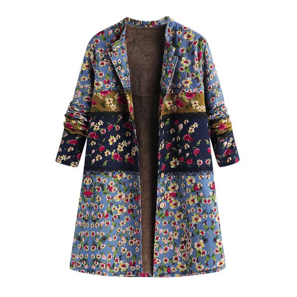 

winter women clothing warm outwear button floral print pocket vintage oversize coat girl outwear coats, Black;brown