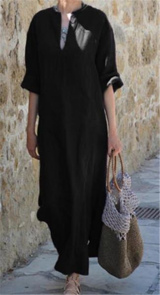 

loose v collar middle sleeve forked long dress summer sleeveless womens solid color dresses ladies maxi dress, Black;gray