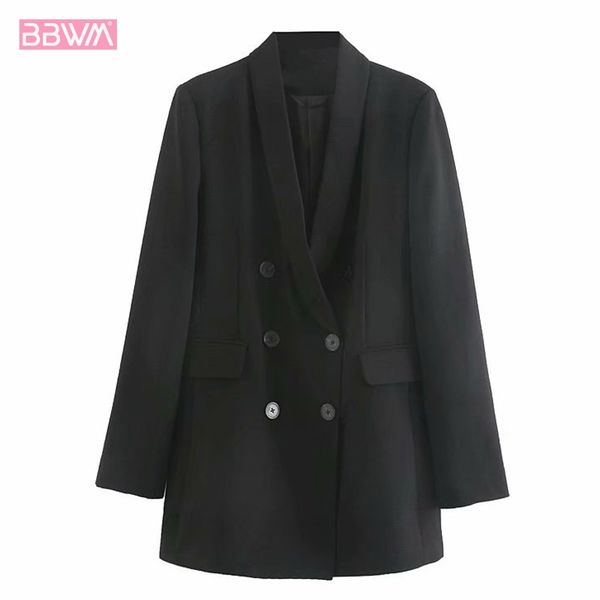 

black long sleeved lapel double breasted women's suit 2019 autumn new simple foreign loose female jacket office occupation, White;black