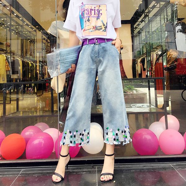 

summer women vintage high-waist sequin wide leg pants jeans pocket cotton denim pants ankle-length loose straight jeans, Blue