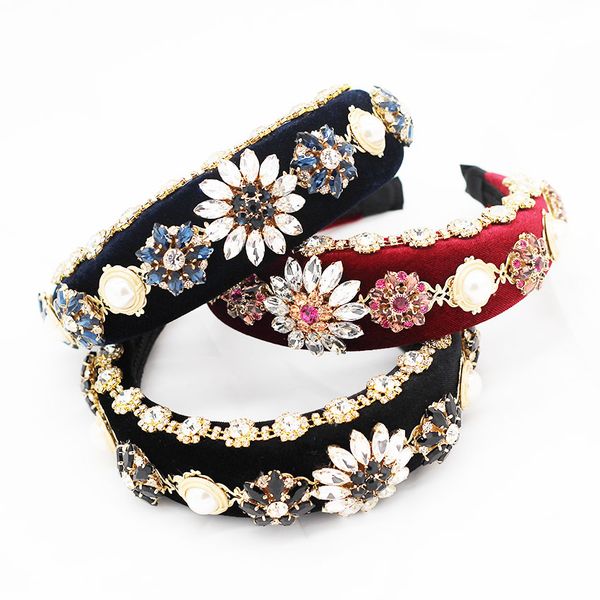 

street beat gorgeous wild exaggerated headband new european american baroque luxury rhinestone geometry flower show headband 517, Golden;white