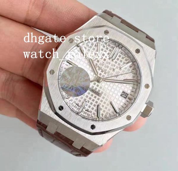 

men's mechanical 41mm cal.3120 movement jf factory white dial watches jf sapphire 15400 leather strap date factory oak v5 wristwatches, Slivery;brown