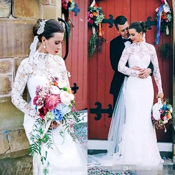 

vintage lace boho wedding dresses long sleeves bride gowns bohemian mermaid bridal dress robes de mariÃ©e, White