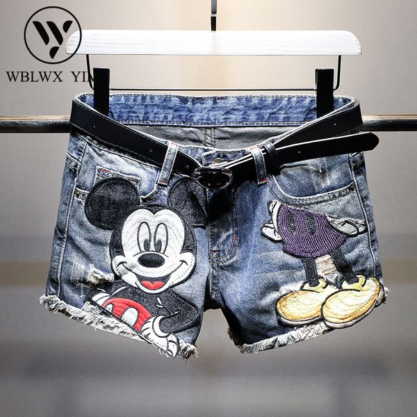 

fashion cartoon embroidery jeans shorts women loose high waist wide leg denim shorts women casual straight short jenas with belt, White;black