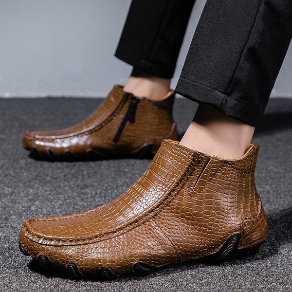 

2019 new trend leather boots men comfortable casual boots men good quality mens warm anti slip mens fur boot zip boot, Black
