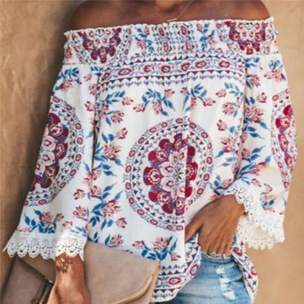 

women off shoulder long sleeve floral print pullover casual blouse hals langarm chiffon summer chiffon blouse lady, White
