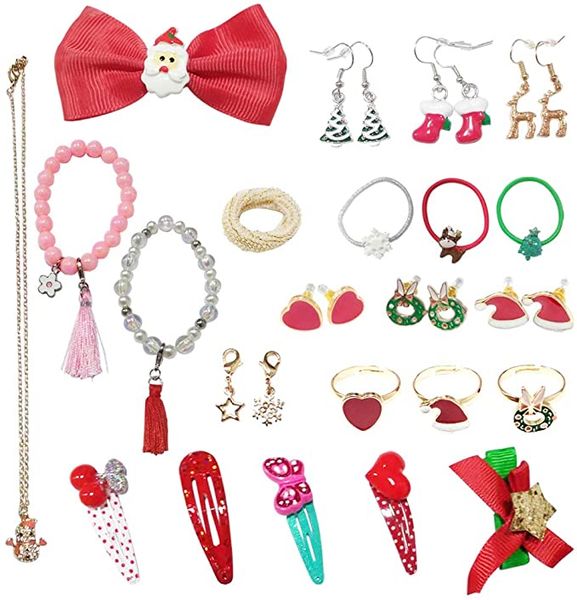 

advent calendar, diy charm jewellery countdown to christams for girls kids with fashion hair ties earring bracelets ring and santa long neck