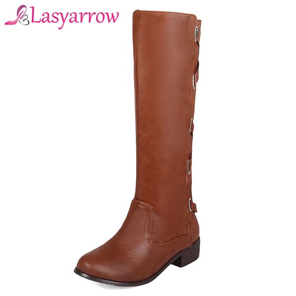 

lasyarrow women casual autumn boots low heel riding equestrian shoes women mid calf boots plus size 33-50 zapatos mujer f888, Black