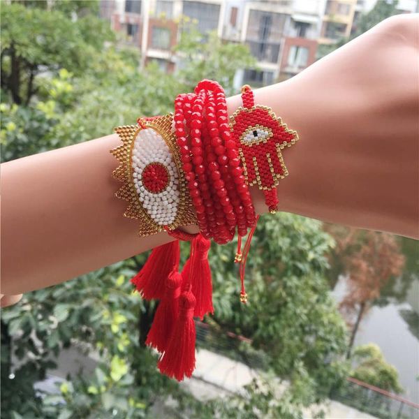 

fatima hand miyuki bracelet men evils eye red tassel seed beads bracelets gift for women friends fashion jewelry handmade weave, Black