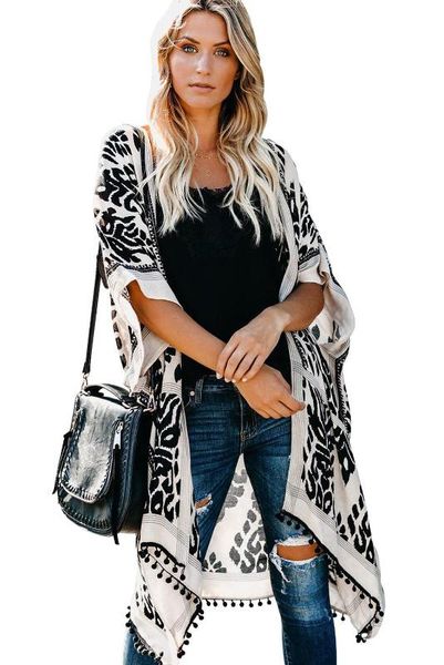 

blue/black/green/orange prowess pom pom kimono for women beach bohemian cover up swimwear loose open front, Blue;gray