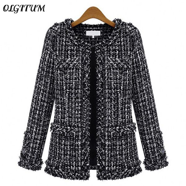 

autumn winter women jacket slim thin checkered tweed coat large size casual o-neck plaid jacket with pocket loose outwear, Black;brown