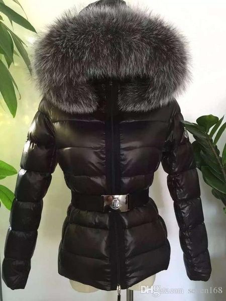 

Women mr43 brand duck down coat 100 real large fox fur collar down jacket hooded with belt wai t thick duck down parka, Black
