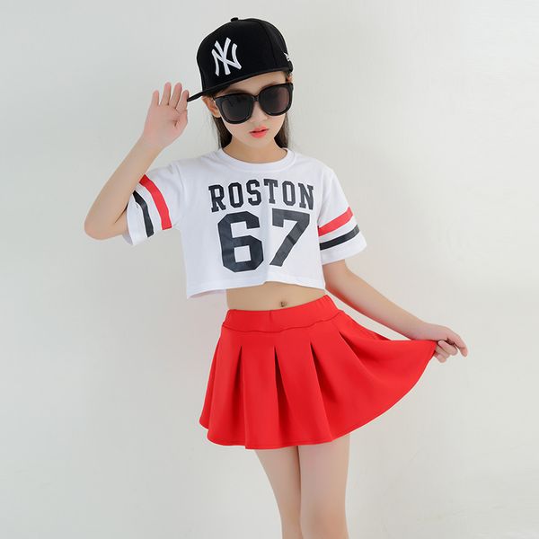 

kids loose cropped t shirts casual hip hop skirt girls ballroom dance clothes fashion modern dancing costume dancewear, Black;red