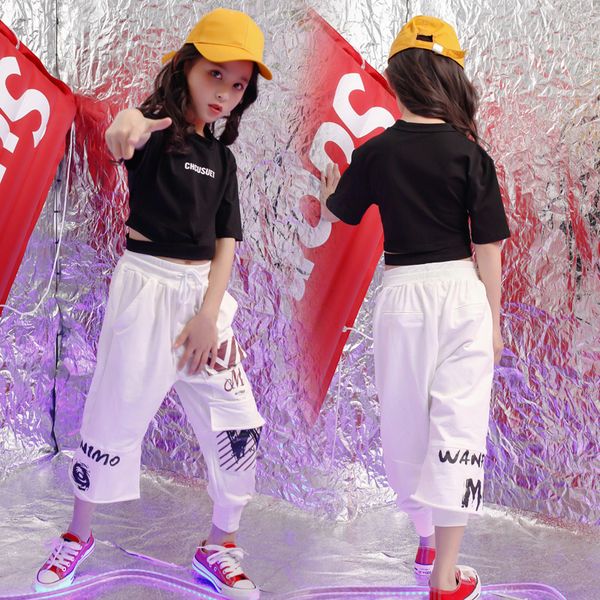 

kids ballroom costumes hip hop clothing dance jazz girls stage wear costume tshirt and white pant dance clothes outfits, Black;red