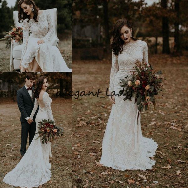 

vintage country mermaid wedding dresses with long sleeve 2019 backless jewel full lace sweep train bohemian bridal wedding dress, White