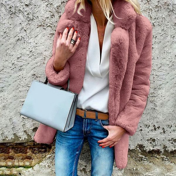 

loozykit women faux fur coats winter solid fashion open point outerwear female luxury long sleeve warm thick fluffy jacket coat, Black