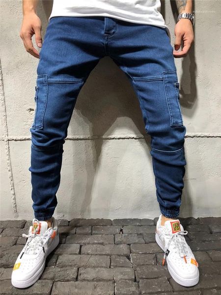 

color pencil pants casual pocket patchwork pants teenagers streetwear men ankle banded jeans fashion slim washed solid, Blue